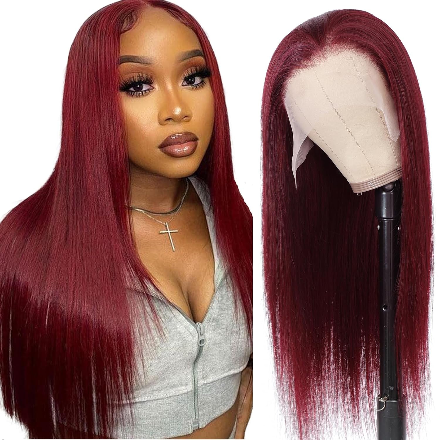 99J Burgundy Lace Front Wigs Human Hair 13X6.5 HD Burgundy Colored Lace Front Wigs Human Hair 200% Density Glueless Straight Wigs Human Hair Pre Plucked with Baby Hair (99J Burgundy Wigs, 32 Inch)