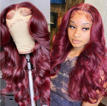 Wine Red Body Wave Wigs Human Hair, Auburn Lace Long Curly Wigs, Body Wave Wigs Glueless Human Hair Wigs, Large Wave Human Hair Wig Headcover, Women'S Long Curly Hair (26 Inch)