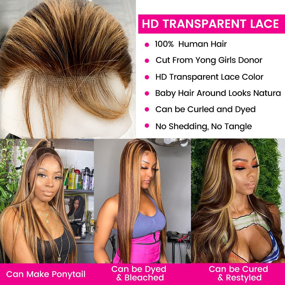 28 Inch Ombre Lace Front Wigs Human Hair Pre Plucked 13X4 HD 4/27 Highlight Lace Front Wigs 180% Density Colored Straight Lace Frontal Wigs