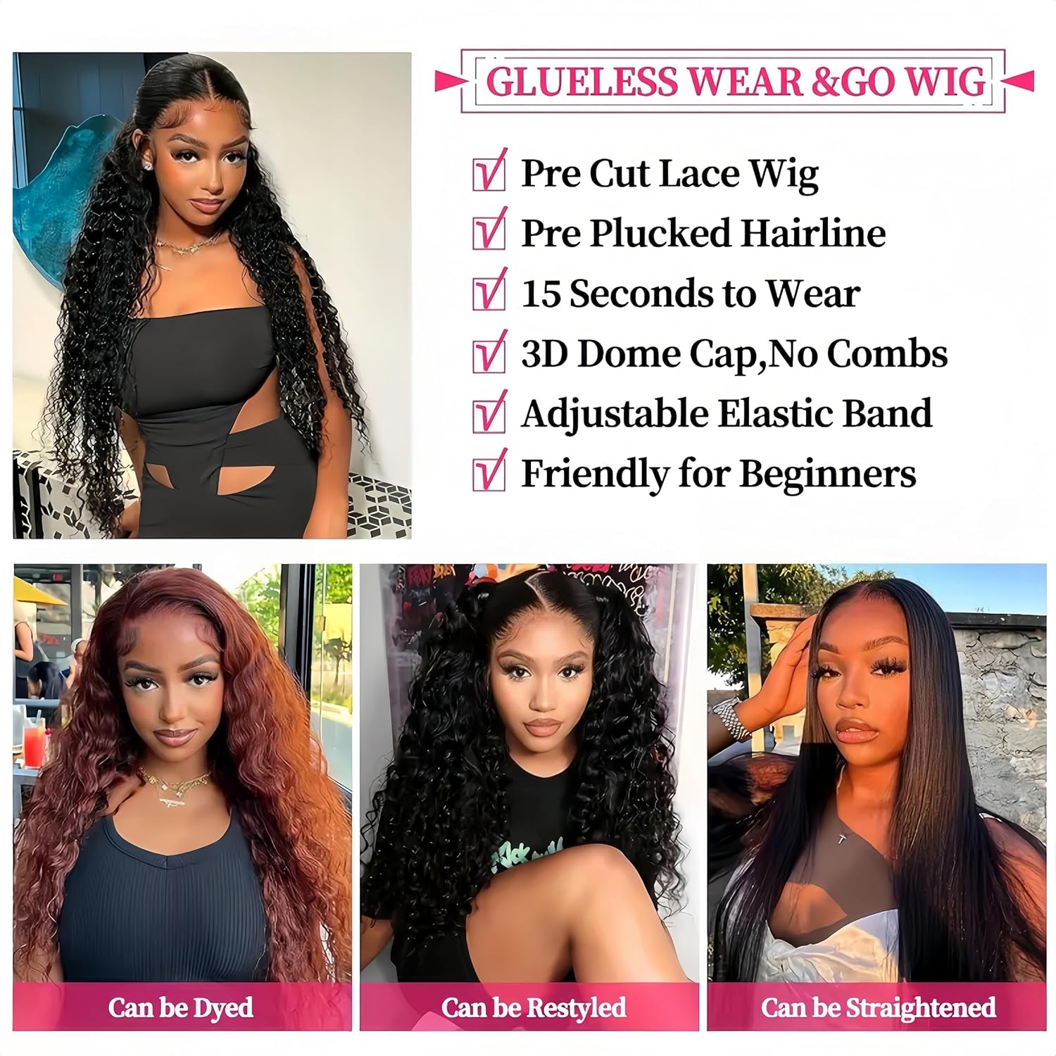 Wear and Go Glueless Wigs Human Hair Pre Plucked Pre Cut 4X4 Deep Curly Lace Front Wigs Human Hair Wigs for Women No Glue Transparent Hd Lace Front Closure Ready to Wear Wigs for Beginners（18 Inch）