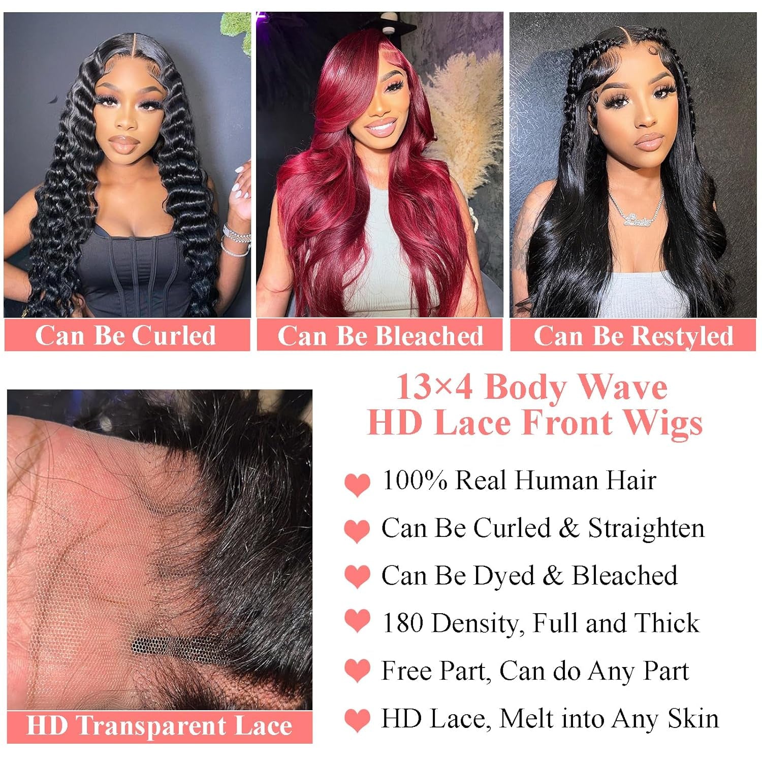 Body Wave Lace Front Wigs Human Hair 180% Density 13X4 HD Lace Frontal Wigs for Black Women Glueless Wigs Human Hair Pre Plucked Natural Hairline Lace Front Wigs 20Inch Black