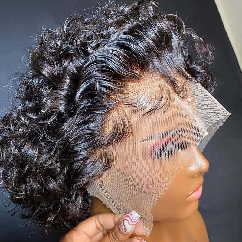 Short Pixie Cut Curly Lace Front Wigs Brazilian Remy Colored Human Hair Ombre Human Hair Wig HD Lace Front Wigs Pre Plucked 1 Inch Hairline Water Wave Pixie Cut Wigs for Black Women (#1B)