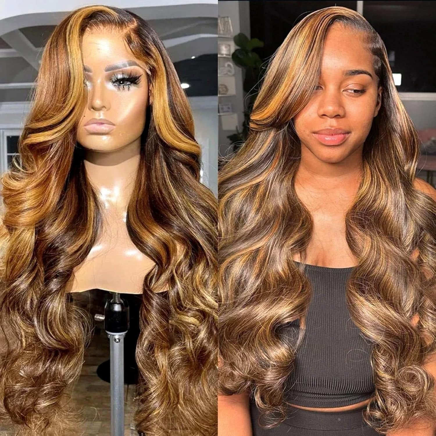 Ombre Lace Front Wig Human Hair 4/27 13X4 Body Wave Highlight Lace Front Wig Human Hair Pre Plucked with Baby Hair Honey Blonde Wig Human Hair 180% Density Colored Wigs Human Hair for Women 30 Inch