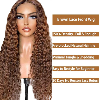 Chocolate 20 Inch Curly Human Hair Wig 13X6 Lace Frontal Deep Wave Human Hair Wig Pre Plucked Pre Cut Lace Frontal Glueless Wigs Elastic Band 200% Density