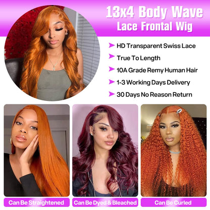 Orange Ginger Lace Front Wigs Human Hair Body Wave 13X4 HD Lace Frontal Wigs Human Hair Colored Wigs for Women (30 Inch, Orange Ginger)