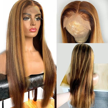 28 Inch Ombre Lace Front Wigs Human Hair Pre Plucked 13X4 HD 4/27 Highlight Lace Front Wigs 180% Density Colored Straight Lace Frontal Wigs