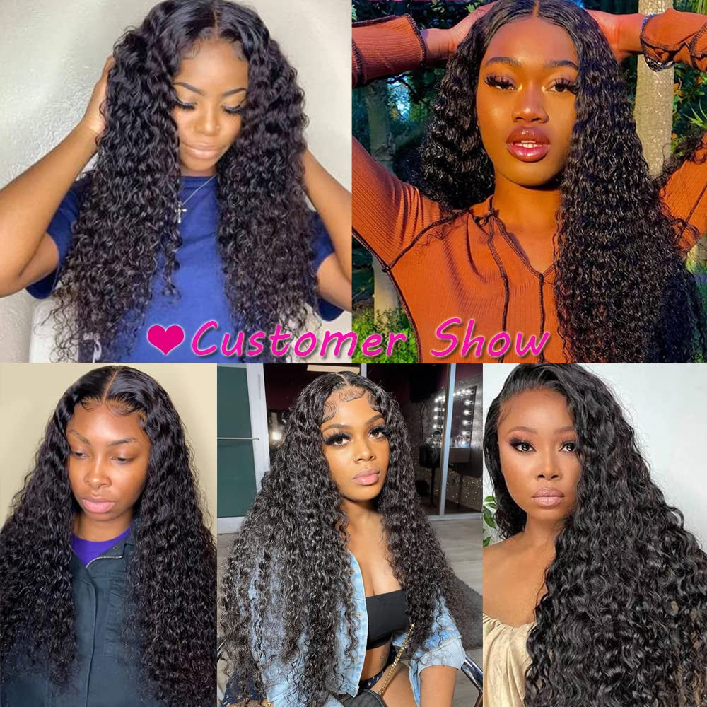 Human Hair Lace Front Wigs 28 Inch Water Wave Lace Closure Wigs 4X4 HD Transparent Lace Front Wigs Human Hair Wet and Wavy Curly Lace Wigs Free Part with Baby Hair 180% Density Natural Black