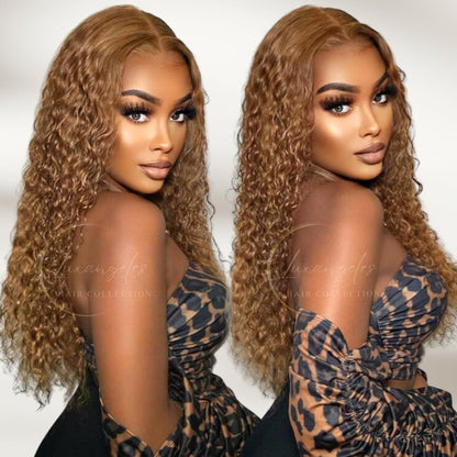 Honey Blonde Curly Lace Front Wig Human Hair Deep Wave 13X4 Glueless Wigs 150% Density HD Transparent Lace Frontal Wig Pre Plucked with Baby Hair for Black Women (22 Inch)