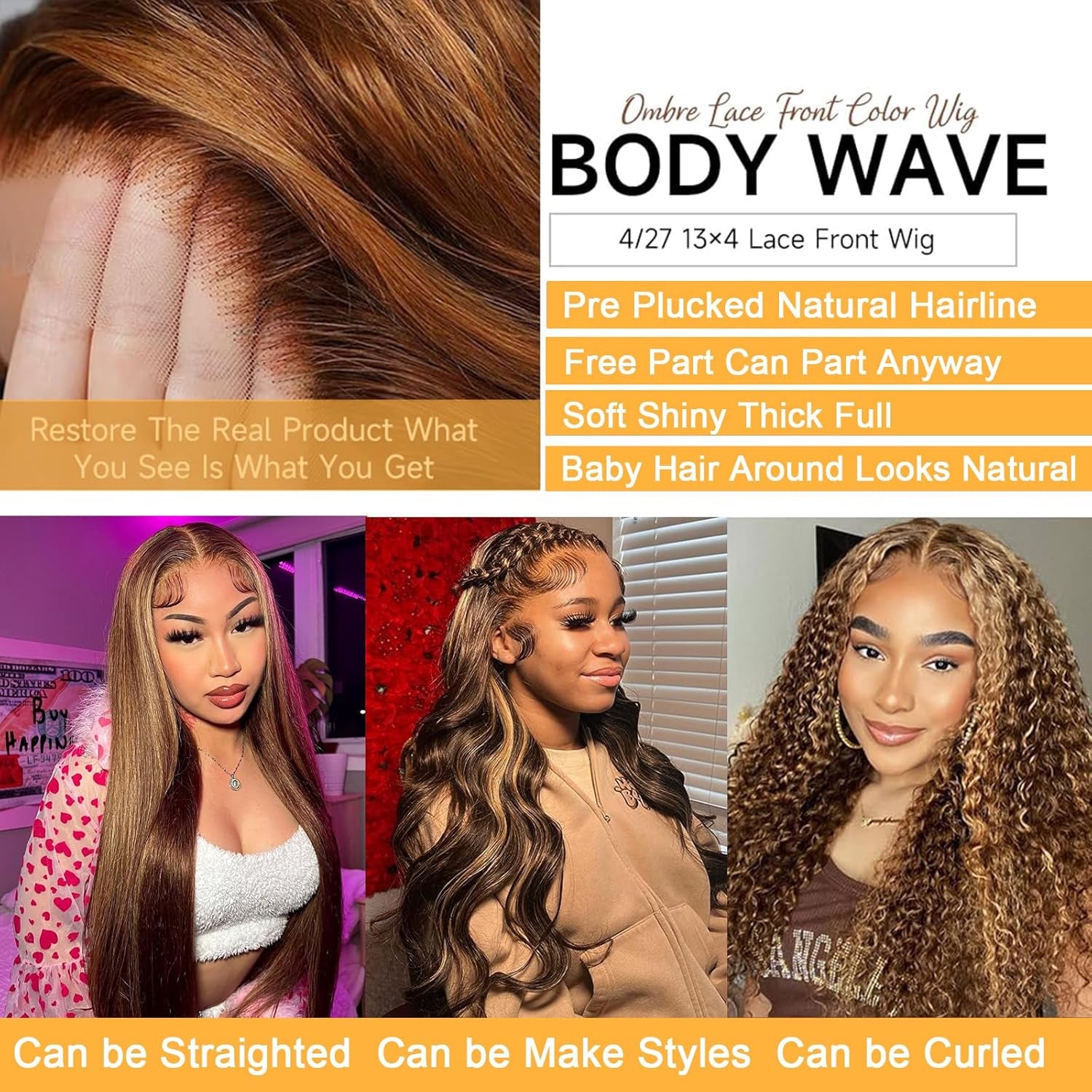 Ombre Lace Front Wig Human Hair 4/27 13X4 Body Wave Highlight Lace Front Wig Human Hair Pre Plucked with Baby Hair Honey Blonde Wig Human Hair 180% Density Colored Wigs Human Hair for Women 30 Inch