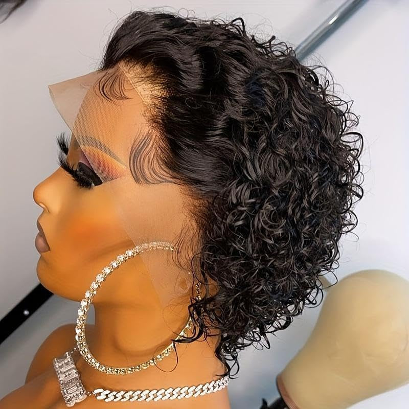 Short Pixie Cut Curly Lace Front Wigs Brazilian Remy Colored Human Hair Ombre Human Hair Wig HD Lace Front Wigs Pre Plucked 1 Inch Hairline Water Wave Pixie Cut Wigs for Black Women (#1B)