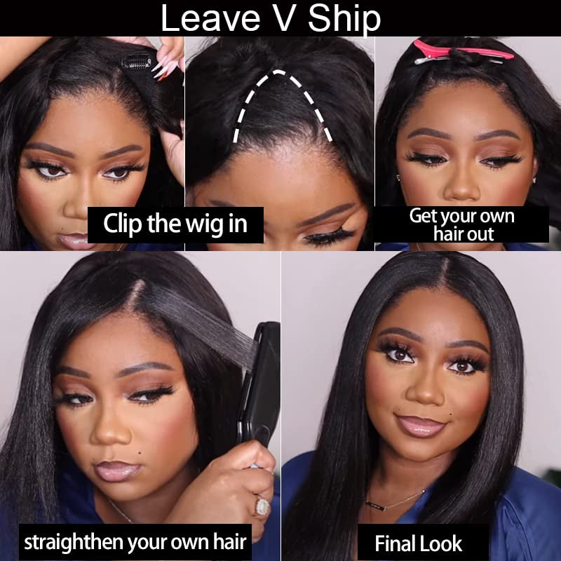 V Part Wigs Human Hair Straight Brazilian Human Hair Wigs for Black Women Upgrade U Part Wigs No Leave Out No Sew in NO Glue 150% Density Natural Color (22Inch, Natural Black)