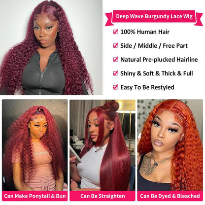 99J Burgundy Lace Front Wigs Human Hair HD Lace Front Wigs Human Hair Pre Plucked 180% Density Burgundy 13X6 Deep Wave Frontal Wigs Natural Hairline Human Hair Wigs for Women 22 Inch