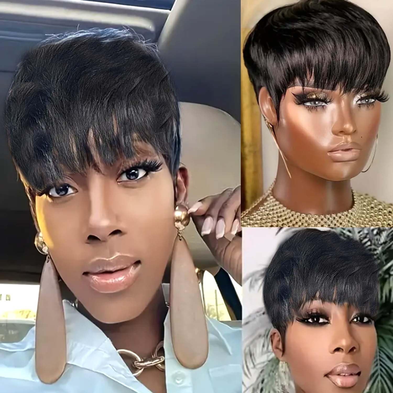 Short Pixie Cut Wigs Human Hair Short Wigs for Black Women Glueless Wigs Pre Plucked Short Wigs with Bangs for Daily Use Natural Black 1B