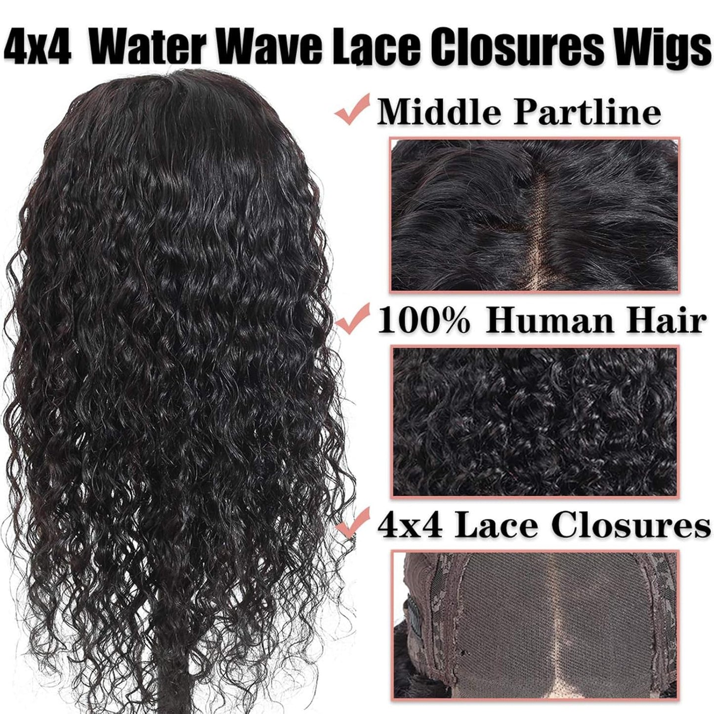 Curly Human Hair Wigs 4X4 Lace Closures Human Hair Wigs Pre Plucked Natural Hairline Curly Wigs Lace Front Wigs Water Wave Lace Closures Wigs (22 Inches)