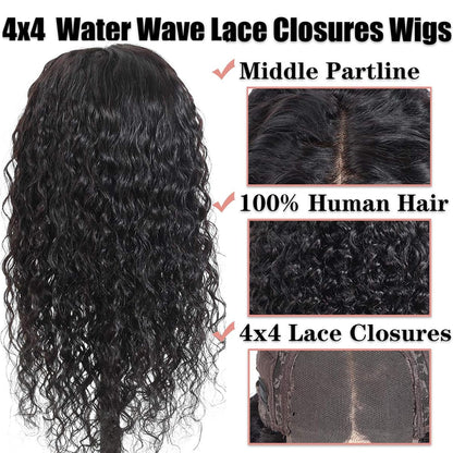 Curly Human Hair Wigs 4X4 Lace Closures Human Hair Wigs Pre Plucked Natural Hairline Curly Wigs Lace Front Wigs Water Wave Lace Closures Wigs (22 Inches)