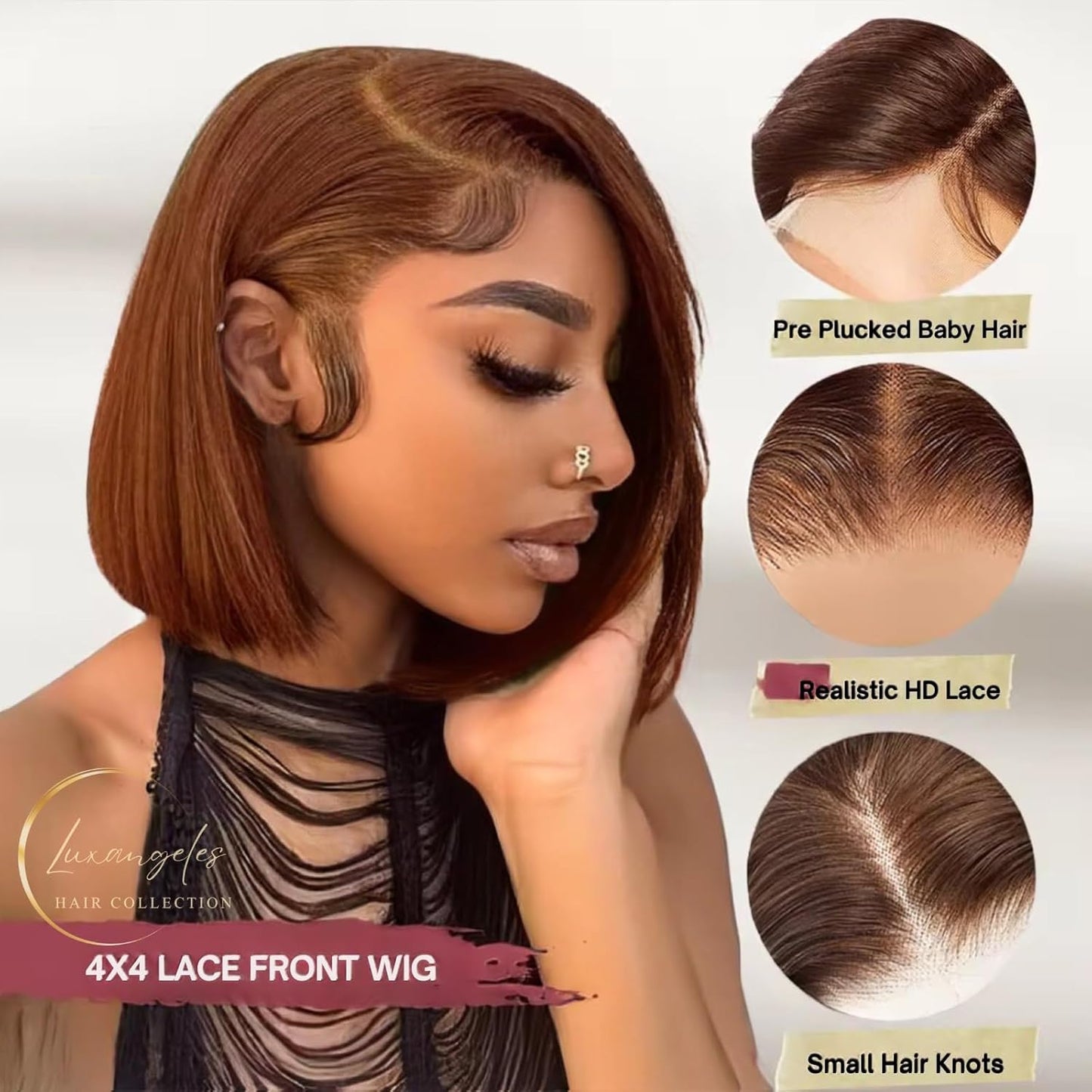 Chocolate Brown Straight Lace Front Wig 4X4Hd Brown Closure Wigs Golden Brown Wig Short Bob Wigs for Straight Bob Wigs Pre Plucked with Baby Hair 180% Density