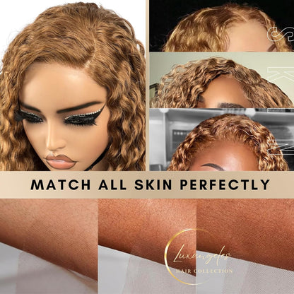 Honey Blonde Curly Lace Front Wig Human Hair Deep Wave 13X4 Glueless Wigs 150% Density HD Transparent Lace Frontal Wig Pre Plucked with Baby Hair for Black Women (22 Inch)