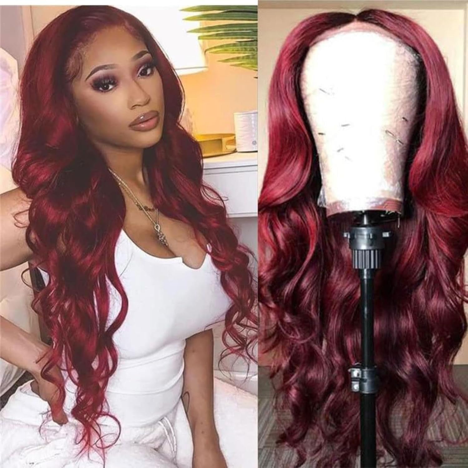 Wine Red Body Wave Wigs Human Hair, Auburn Lace Long Curly Wigs, Body Wave Wigs Glueless Human Hair Wigs, Large Wave Human Hair Wig Headcover, Women'S Long Curly Hair (26 Inch)