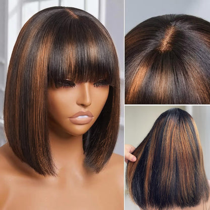 Bob Wig Human Hair with Bangs Glueless 2.5X1 HD Lace Colsure Wigs Human,Yaki Bob Wig with Brown Highlights, Ready to Go Short Wigs for Women Beginner Friendly