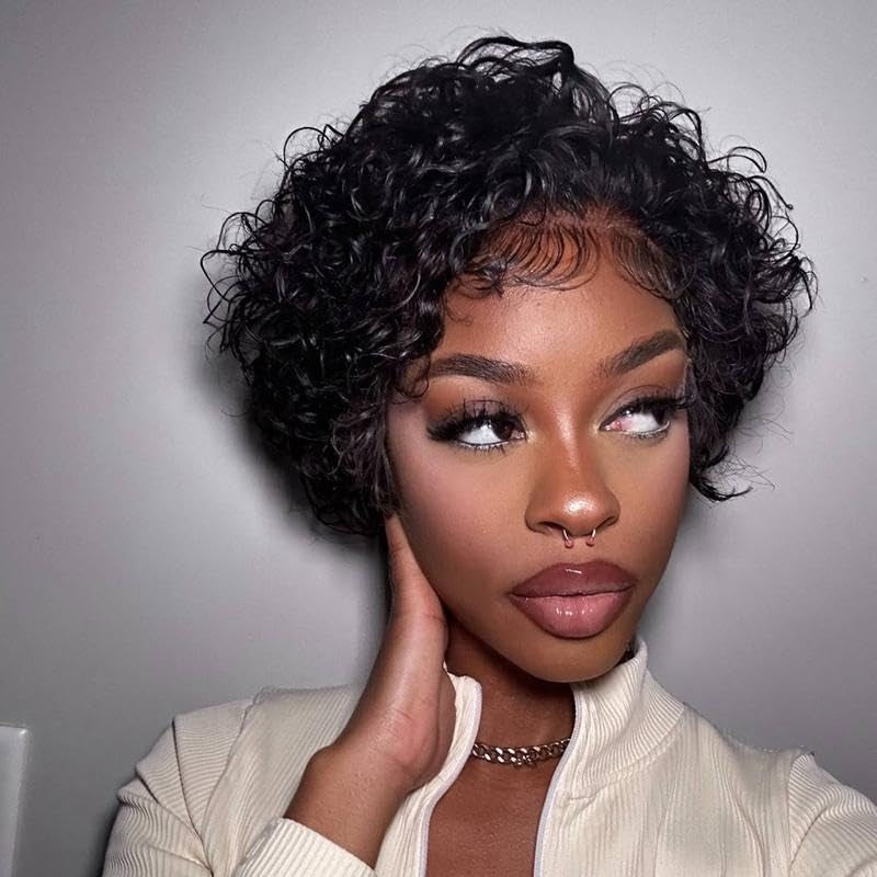 Short Pixie Cut Curly Lace Front Wigs Brazilian Remy Colored Human Hair Ombre Human Hair Wig HD Lace Front Wigs Pre Plucked 1 Inch Hairline Water Wave Pixie Cut Wigs for Black Women (#1B)