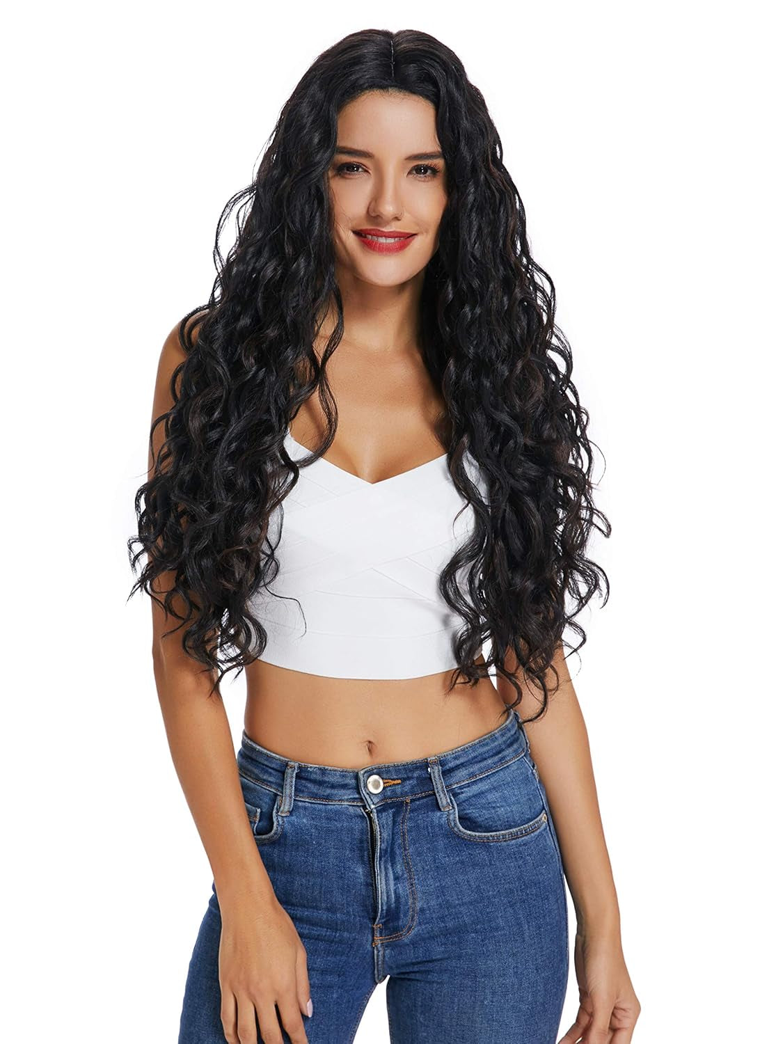 Wigs Long Wavy Curly Wigs for Women Long Wavy Black Wigs, Black Synthetic Natural Wavy Curly Wigs (22 Inch)