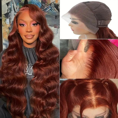 Reddish Brown HD Lace Front Wigs Human Hair, Auburn Lace Long Curly Wigs, Body Wave Wigs Glueless Human Hair Wigs, Large Wave Human Hair Wig Headcover, Women'S Long Curly Hair (27.5 Inch)