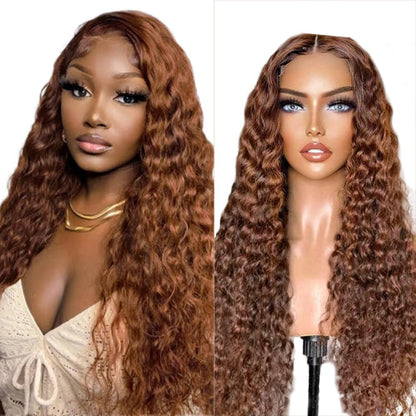 Chocolate 20 Inch Curly Human Hair Wig 13X6 Lace Frontal Deep Wave Human Hair Wig Pre Plucked Pre Cut Lace Frontal Glueless Wigs Elastic Band 200% Density