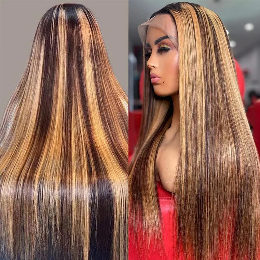 28 Inch Ombre Lace Front Wigs Human Hair Pre Plucked 13X4 HD 4/27 Highlight Lace Front Wigs 180% Density Colored Straight Lace Frontal Wigs