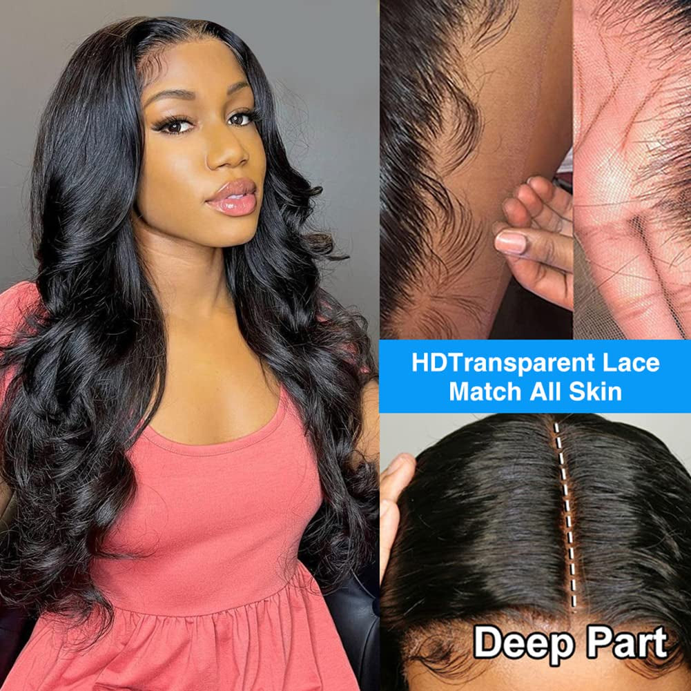 18 Inch Lace Front Wigs Human Hair Pre Plucked 13X4 Body Wave HD Lace Front Wigs Human Hair 180 Density Brazilian Virgin Hair Glueless Wigs Human Hair for Women Natural Black Color